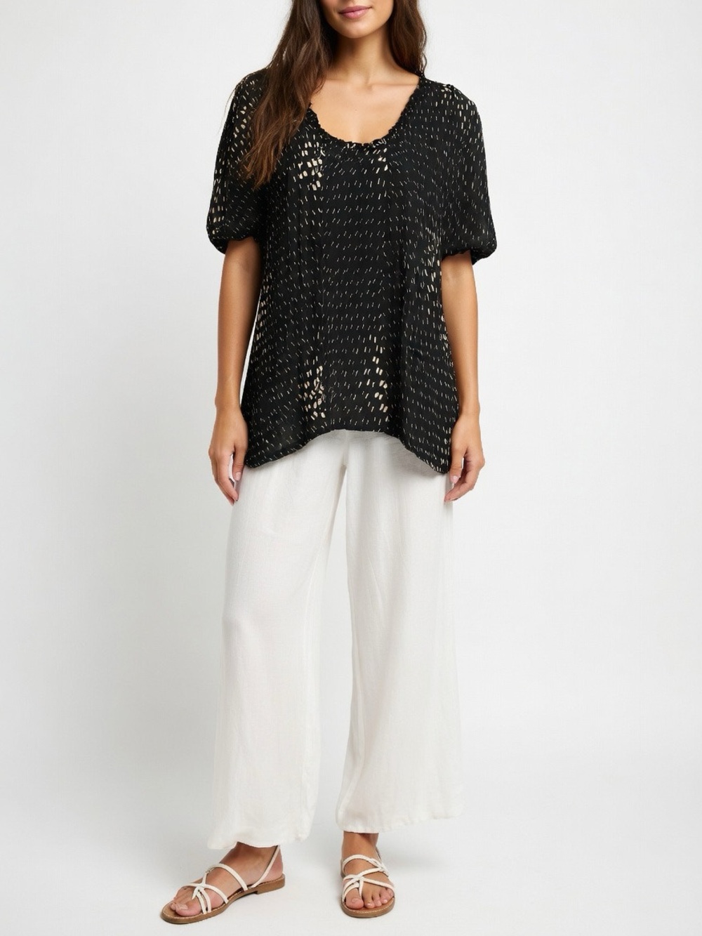 100% Silk Black Beige Abstract Relaxed Top
